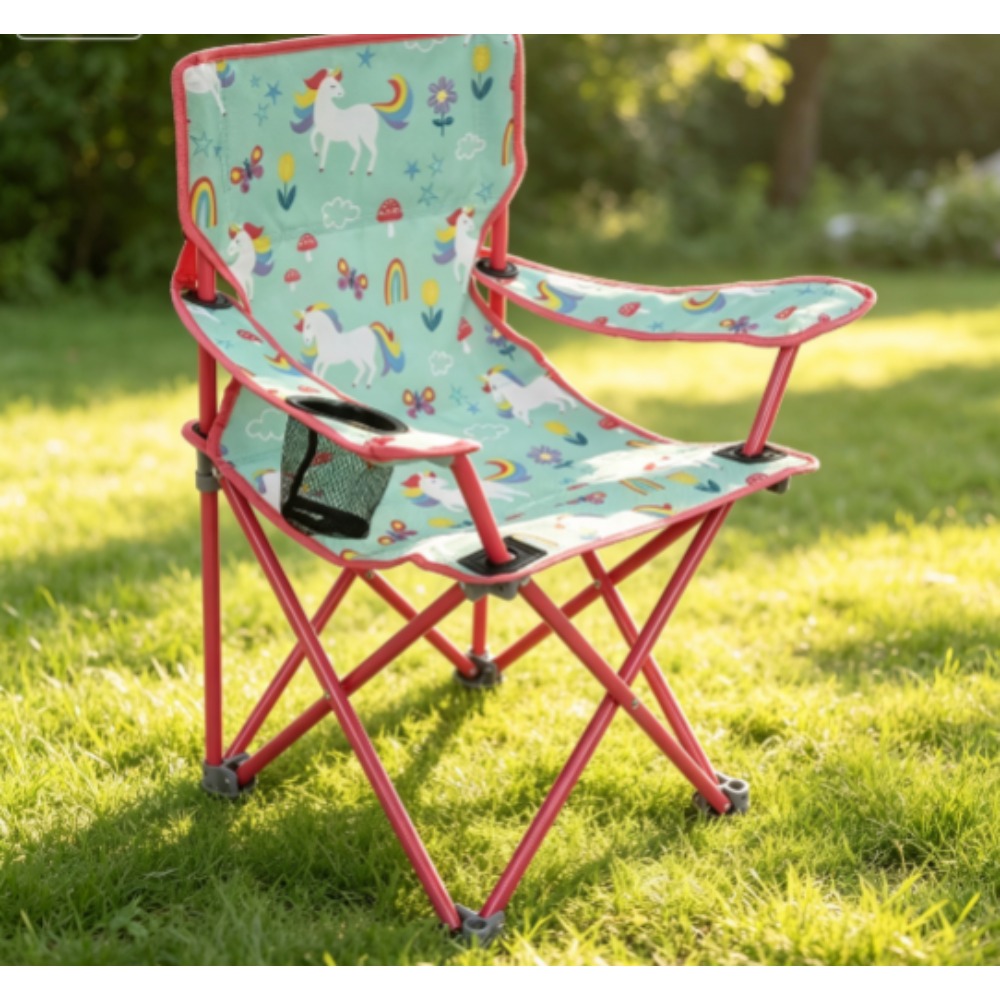 Kids Unicorn Outdoor Chair - เก้าอี้พับสำหรับเด็กแบบพกพาพร้อมตัวล็อคนิรภัย ลายยูนิคอร์น ที่นั่งกลางแจ้งสำหรับเด็ก สำหรับชายหาด ปิกนิก สวน