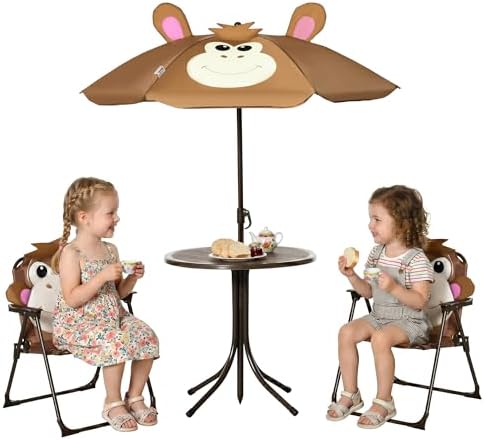 Kids Outdoor Chair And Table - ชุดโต๊ะและเก้าอี้สำหรับเด็ก โต๊ะปิกนิกพร้อมร่มลายลิงสีน้ำตาล | เฟอร์นิเจอร์สวนพับได้สำหรับกลางแจ้ง, ลานหลังบ้าน