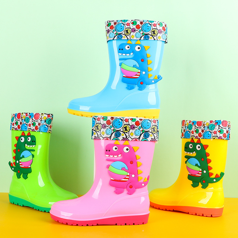 Kids Outdoor Water Play - รองเท้าบูทกันฝนลายไดโนเสาร์สำหรับเด็ก รองเท้าบูทกันน้ำแบบมีขนกำมะหยี่ ความยาวครึ่งน่อง สำหรับเด็กชายและเด็กหญิง รองเท้ายางน่ารักสำหรับเด็ก เหมาะสำหรับเล่นน้ำกลางแจ้ง