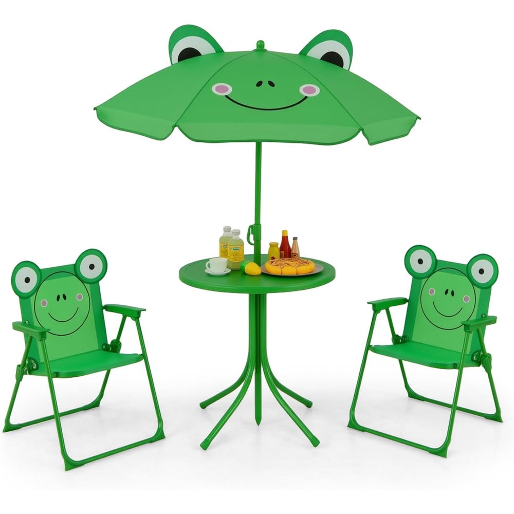 Kids Outdoor Chair And Table - โต๊ะปิกนิกเด็กปรับระดับความสูงได้ สีเขียว พร้อมเก้าอี้พับ 2 ตัว และเฟอร์นิเจอร์กลางแจ้งแบบพกพาสำหรับลานบ้าน
