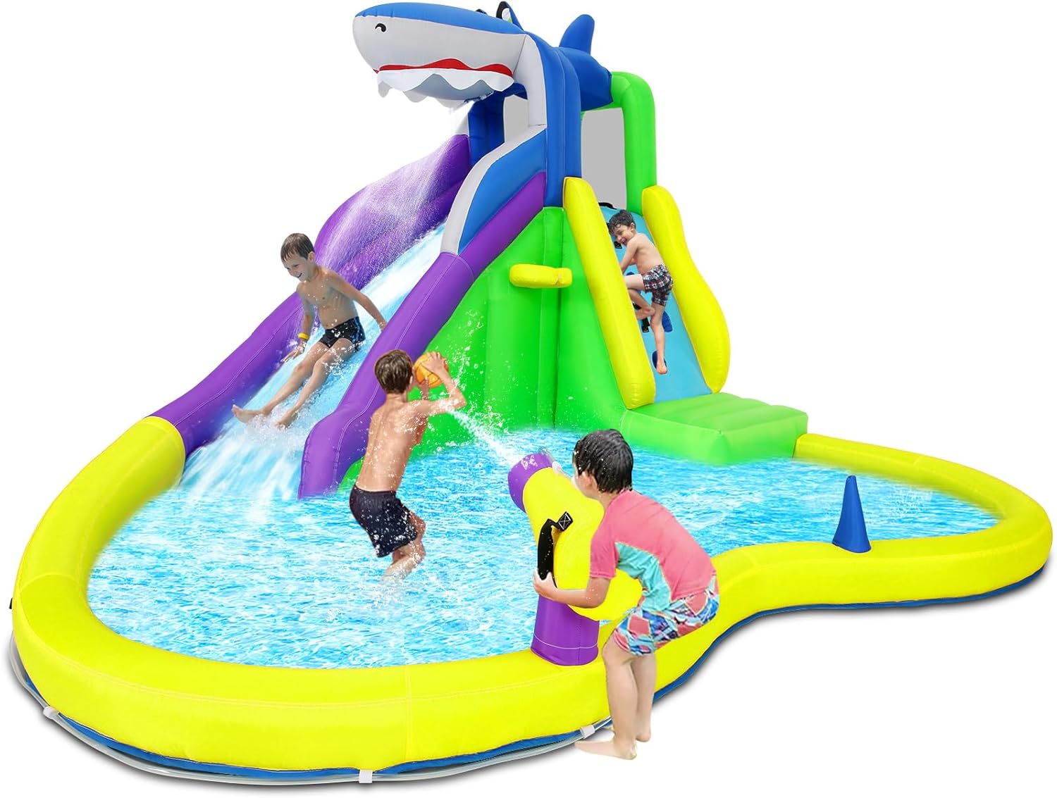Kids Outdoor Water Play - บ้านลมเป่าลมขนาด 13x14 ฟุต พร้อมสไลเดอร์น้ำ กำแพงปีนป่าย ปืนฉีดน้ำ