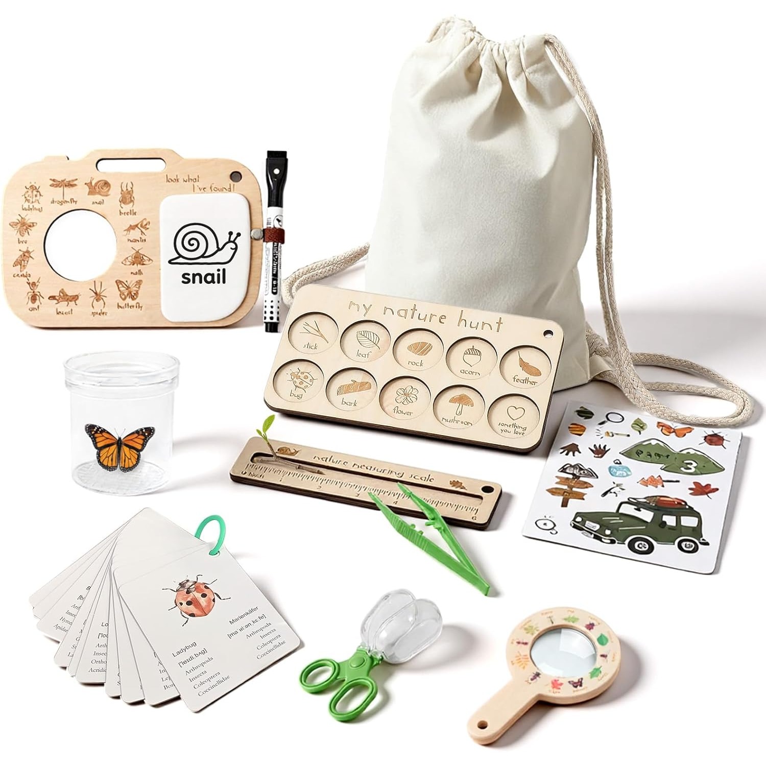 Kids Outdoor Adventure Kit - ชุดจับแมลงสำหรับเด็ก พร้อมกล่องใส่แมลง การ์ดการเรียนรู้ และกระดานสังเกตการณ์ ของเล่นกลางแจ้ง ของขวัญผจญภัยตามล่าหาแมลง