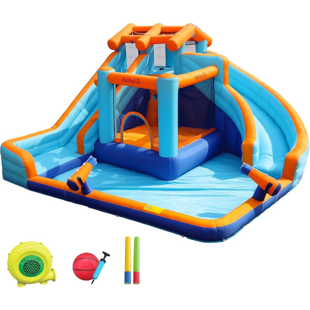 Kids Outdoor Water Play - สไลเดอร์น้ำขนาดใหญ่พร้อมบ้านลมสระน้ำและห่วงบาสเก็ตบอล ปราสาทลมเป่าลมสำหรับเด็กและผู้ใหญ่เล่นกลางแจ้ง